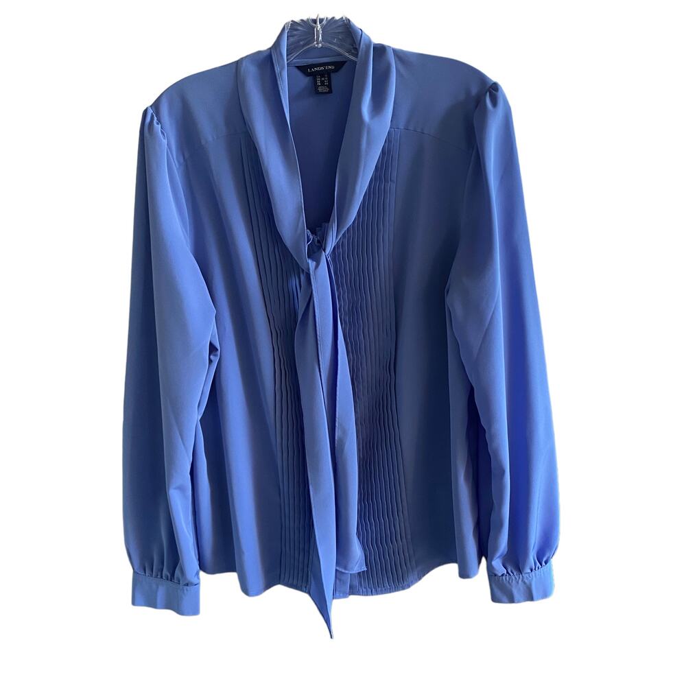 Women's LANDS' END Size 12 Career Blue Scarf Blouse Office Pintuck